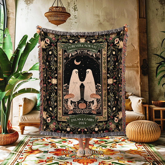 Woodland Gothic Ghost Couples Blanket | Cottagecore Custom Gothic Mushroom Tapestry Woven Throw Whimsigoth Personalized Gifts for Partner |