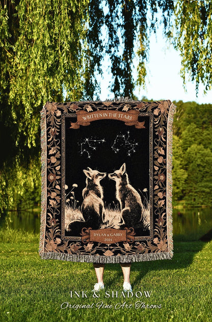 Personalized Constellation Couple Blanket | Celestial Wedding Tapestry Woven Throw Fox Blanket Couples Astrology Personalized Woodland Throw