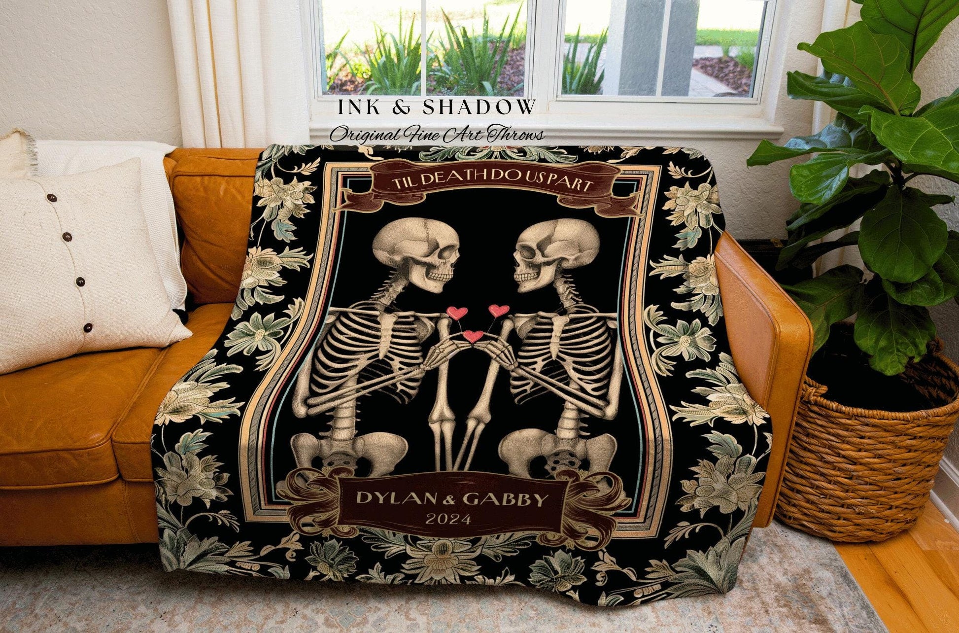 Til Death do us Part Personalized Skeletons Blanket | Victorian Gothic Wedding Skeleton Couples Tapestry Mr and Mrs Anniversary Custom Gift