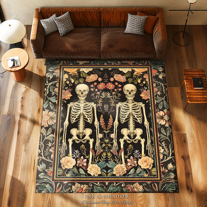 Boho Fairycore Floral Gothic Skeleton Rug | Soft Cottagecore Skeleton Lovers Gift Botanical Boho Area Rug Light Academia Fairycore Decor Rug