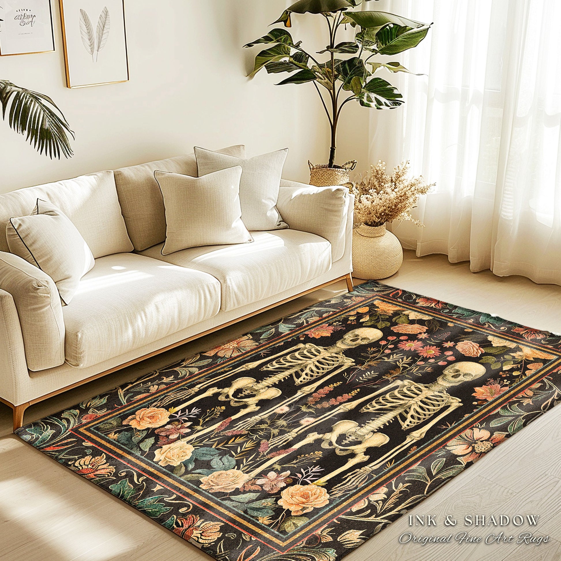 Boho Fairycore Floral Gothic Skeleton Rug | Soft Cottagecore Skeleton Lovers Gift Botanical Boho Area Rug Light Academia Fairycore Decor Rug