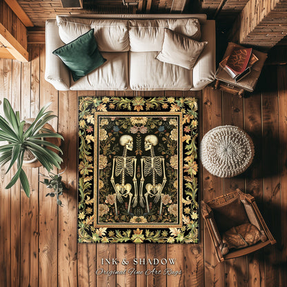 Light Academia Botanical Skeleton Art Rug for Bedroom | Victorian Gothic Skeleton Couple Gift Cottagecore Dark Floral Rug Witchy Room Decor