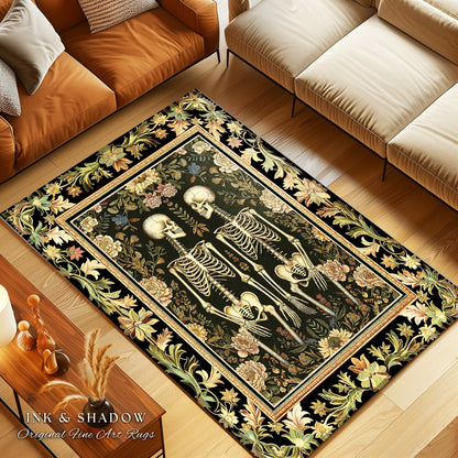 Light Academia Botanical Skeleton Art Rug for Bedroom | Victorian Gothic Skeleton Couple Gift Cottagecore Dark Floral Rug Witchy Room Decor