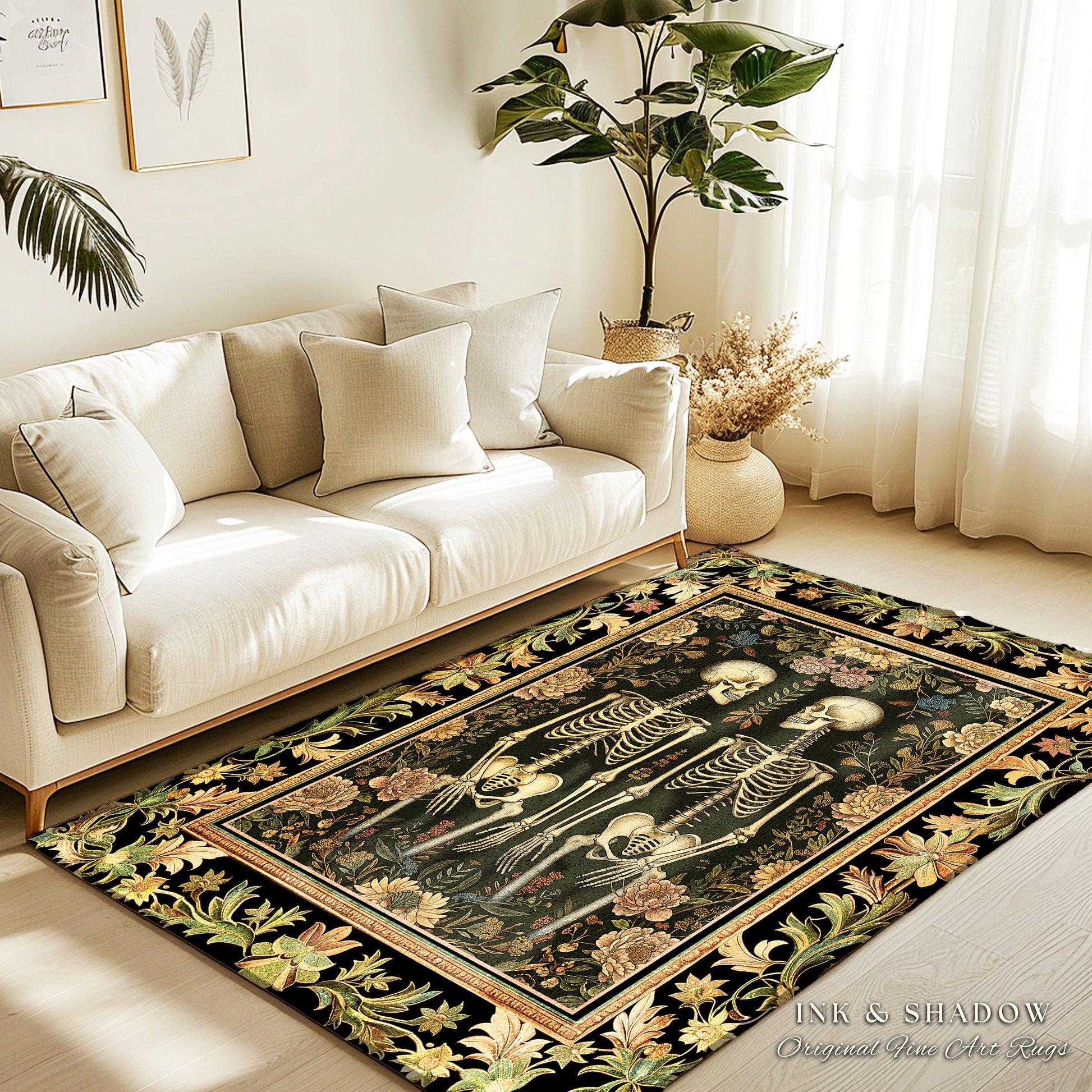 Light Academia Botanical Skeleton Art Rug for Bedroom | Victorian Gothic Skeleton Couple Gift Cottagecore Dark Floral Rug Witchy Room Decor