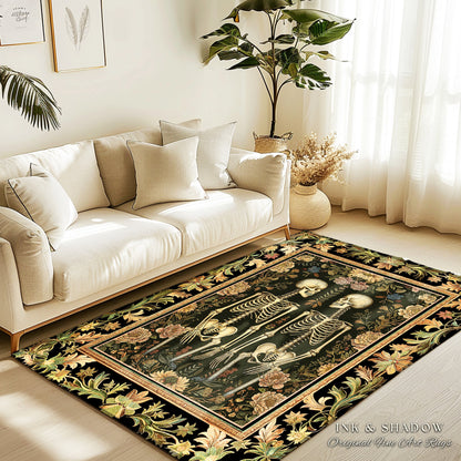 Light Academia Botanical Skeleton Art Rug for Bedroom | Victorian Gothic Skeleton Couple Gift Cottagecore Dark Floral Rug Witchy Room Decor