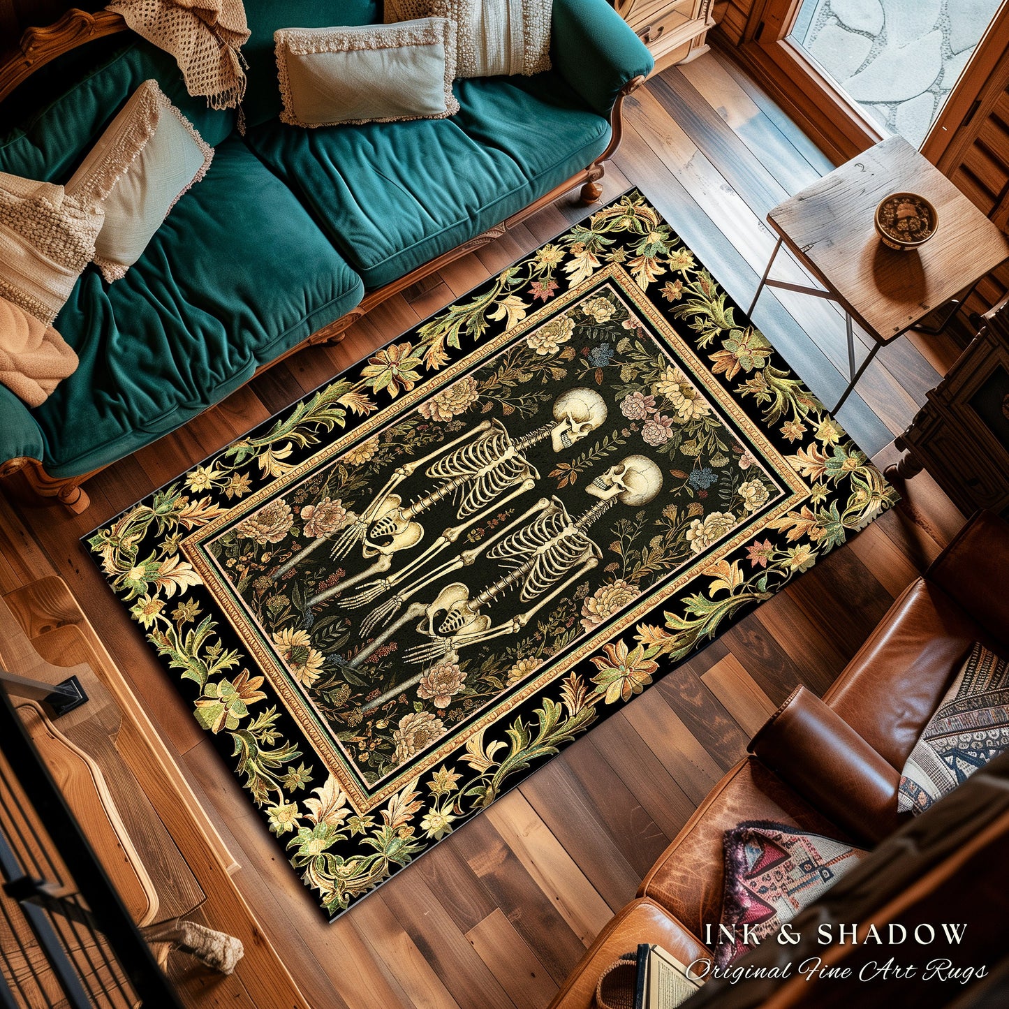 Light Academia Botanical Skeleton Art Rug for Bedroom | Victorian Gothic Skeleton Couple Gift Cottagecore Dark Floral Rug Witchy Room Decor