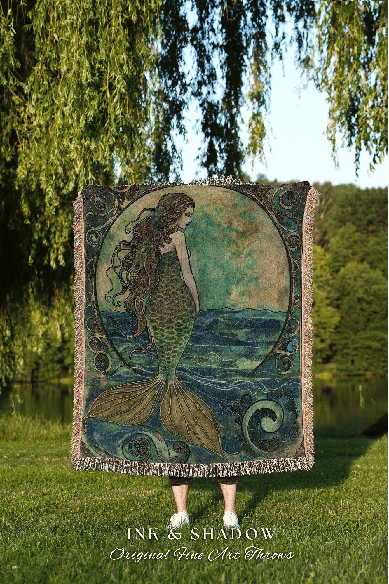 Boho Teal Mermaid Tapestry | Dark Academia Bedroom Celestial Throw Ethereal Mermaidcore Royalcare Tapestry Sirencore Decor Celestial |