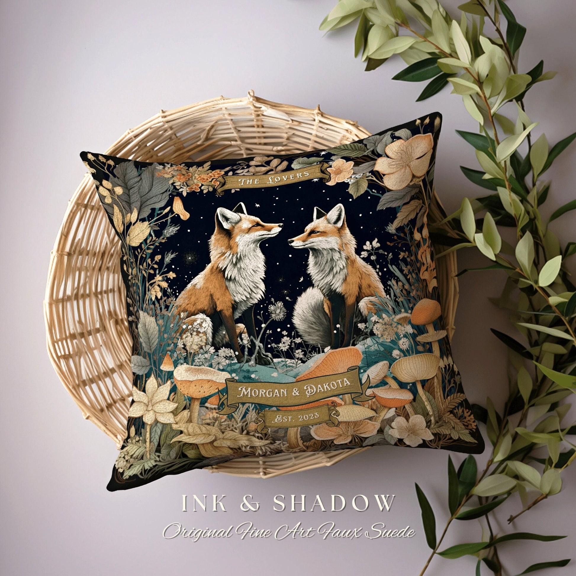 Celestial Woodland Fox Pillow Custom | Woodland Decor Custom Dating Anniversary Meaningful Gift Housewarming Pillow Cottagecore Fox Couple |