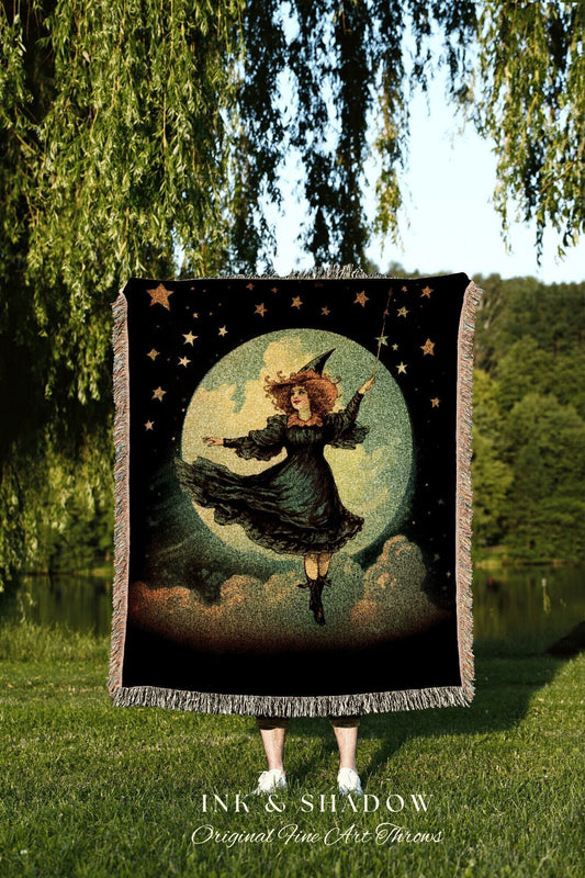 Vintage Witch Tapestry Woven Blanket | Witchy Decor Retro Celestial Wall Art | Dark Cottagecore Room Decor Halloween Vintage Tapestry Woven