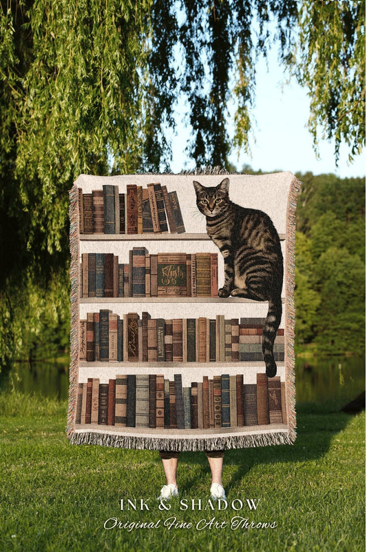 Whimsical Cat Library Blanket | Cottagecore Gift for Bookworm Eclectic Cat Person Blanket Boho Room Decor Dark Botanical Witchy Wall Art |