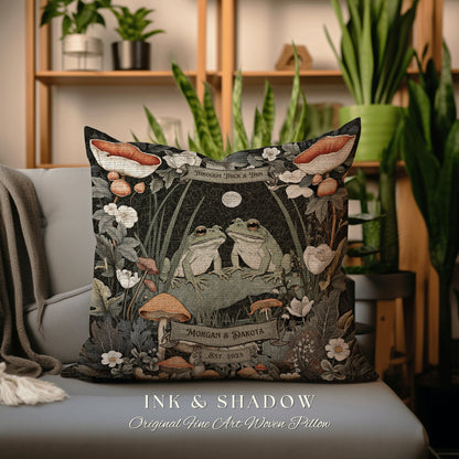 Toad Couple Cottagecore Decor Gift | Woodland Wedding Personalized Woven Throw Pillow Frog & Toad Pillow Decor Goblincore Custom Anniversary