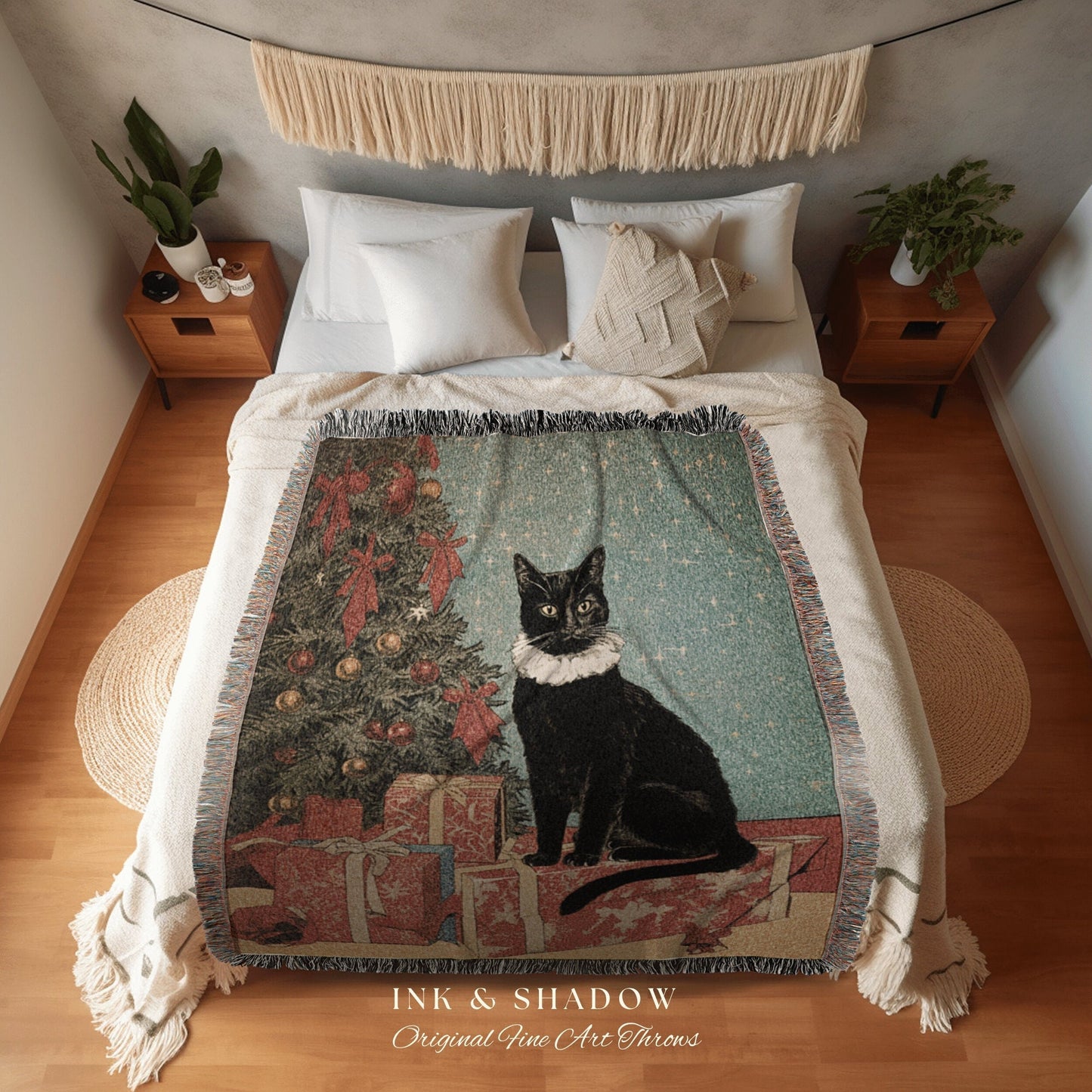 Holiday Cat Tapestry Woven Blanket | Whimsical Cat Blanket Fine Art Wall Art Funny Tapestry Whimsigoth Goth Christmas Room Decor Cute Cat |