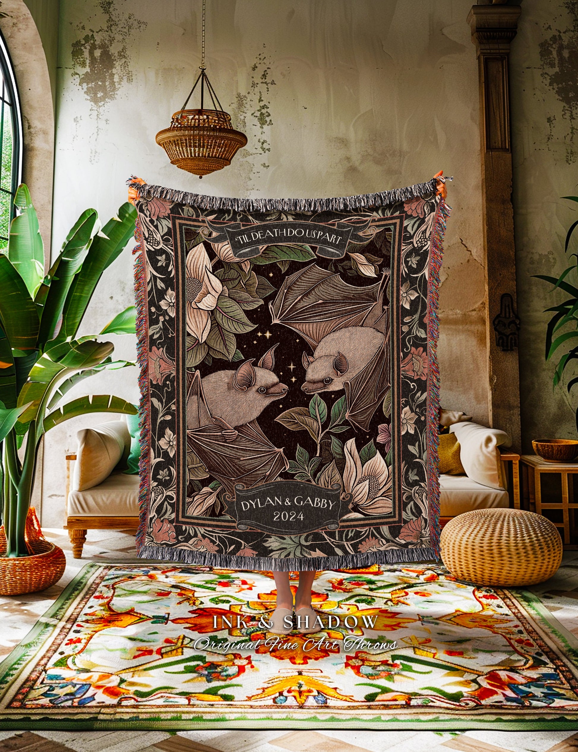 Celestial Bat Blanket Personalized Tapestry | Couples Gift Gothic Wedding Custom Blanket Woven Gift for Goth Couples Dark Cottagecore Throw