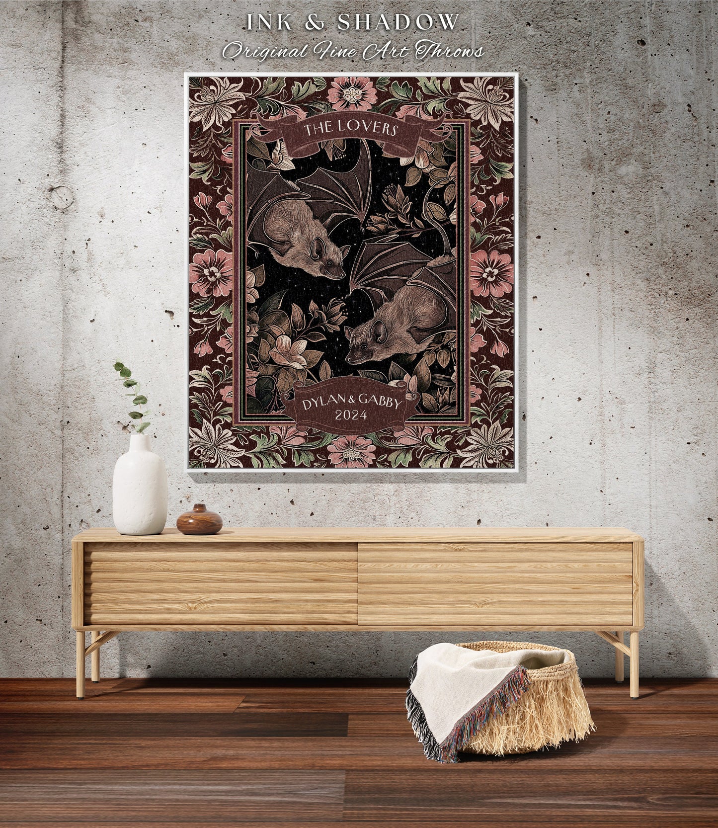 Dark Floral Marriage Blanket Custom Tapestry | Bat Couple Gothic Wedding Custom Blanket Woven Gift for Goth Couples Dark Cottagecore Throw |