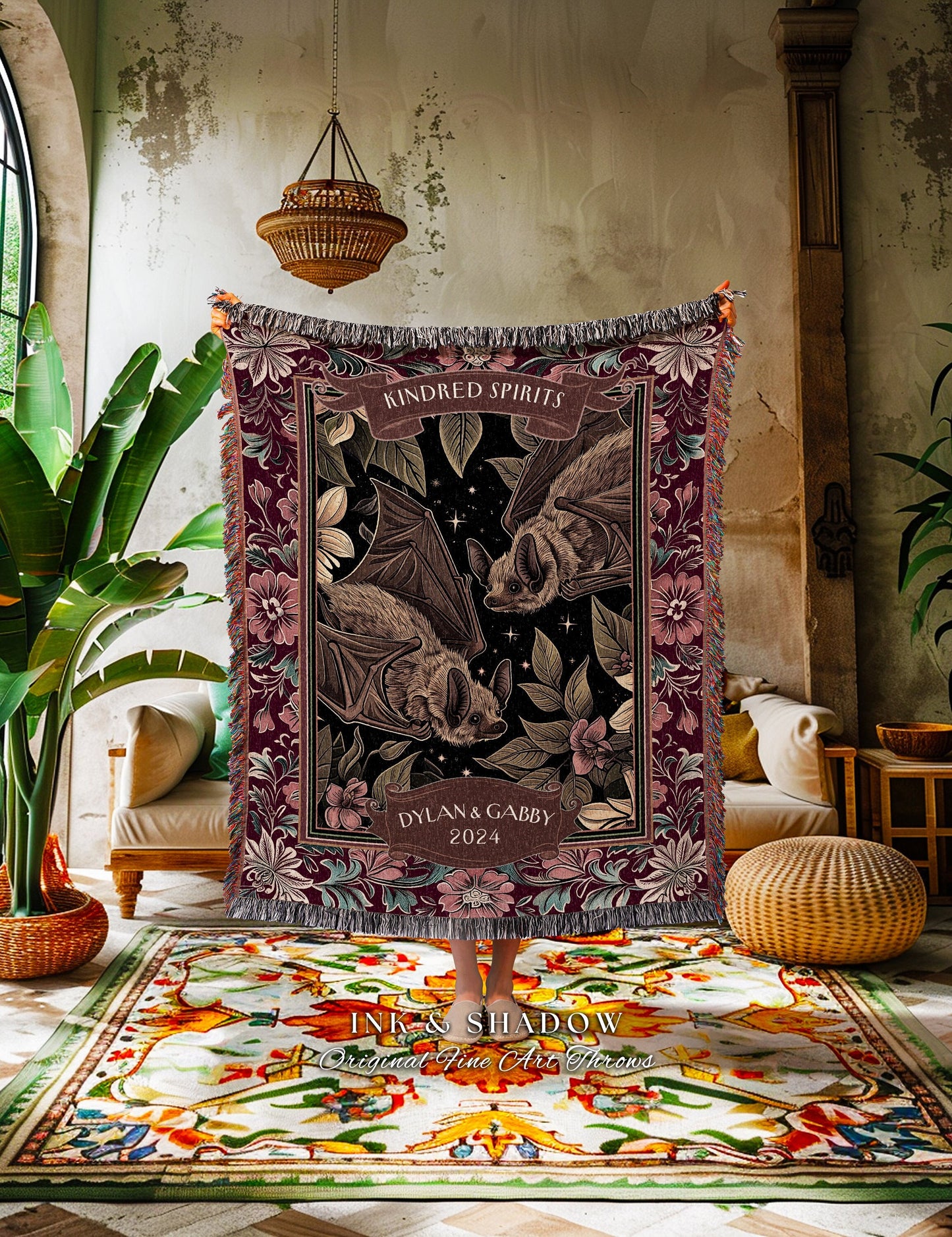 Kindred Spirits Bat Couple Cozy Blanket | Celestial Bat Lovers Gothic Wedding Tapestry 'The Lovers' Blanket Gift for Girlfriend Thoughtful |