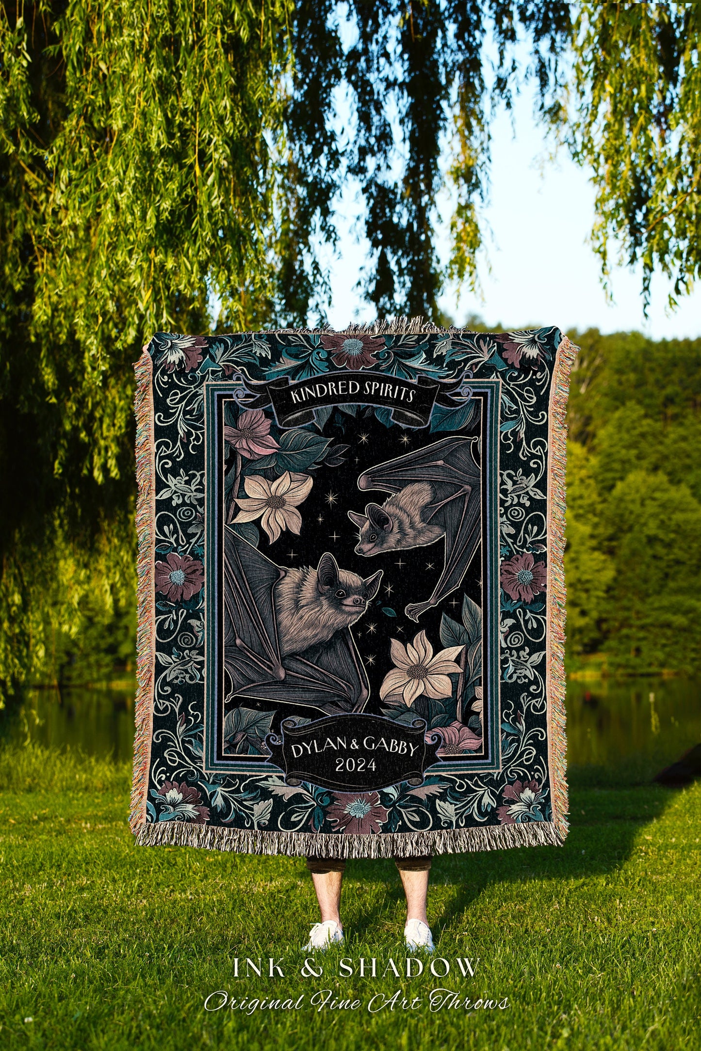 Ethereal Woodland Bat Couple Throw Blanket | Dark Floral Bat Lovers Tapestry Personalized Boho Wedding Blanket Gift for Bestie Thoughtful |