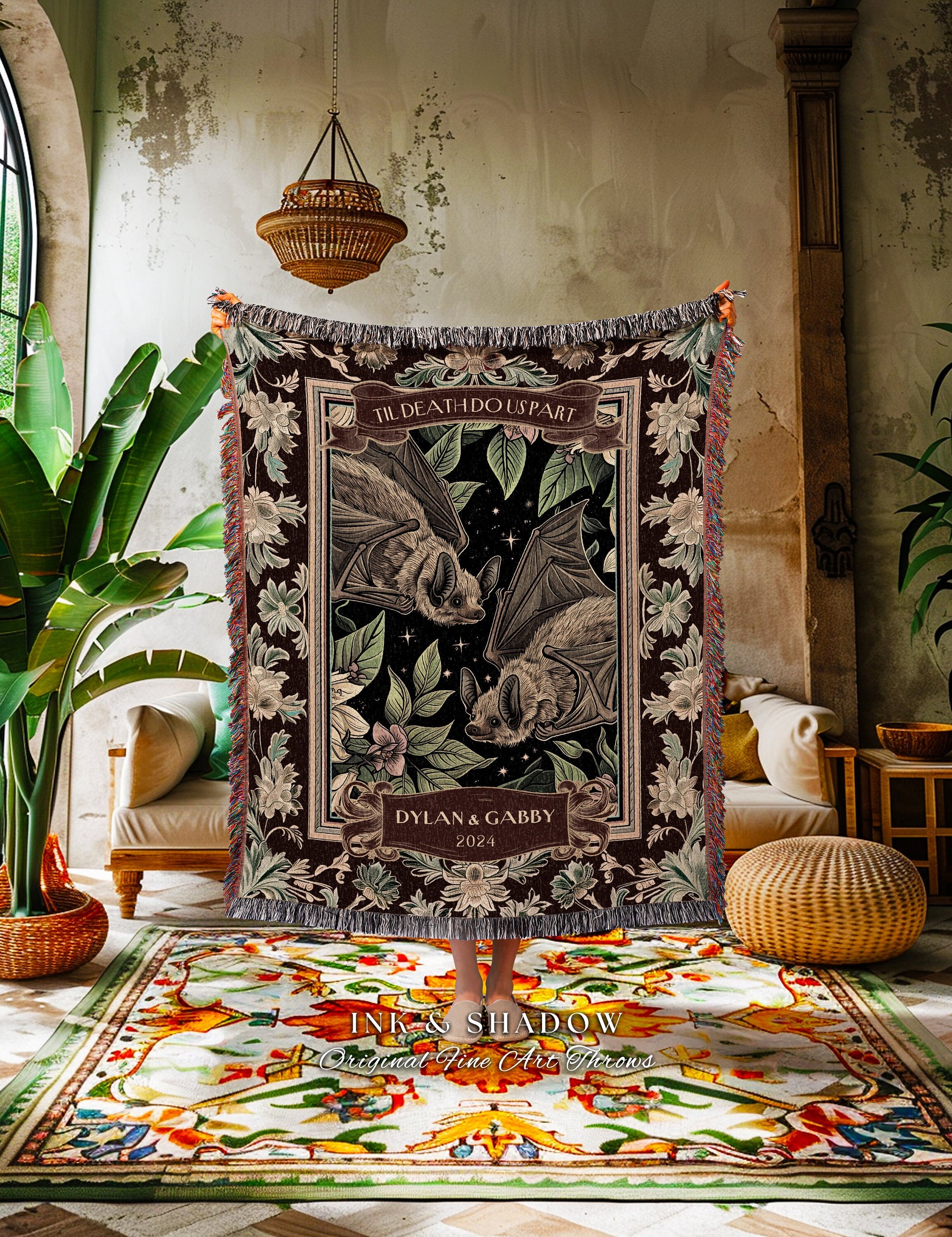 Timeless Keepsake Bat Lovers Tapestry | Cottagecore Bat Couple Woodland Cute Wedding Gift Til Death Do Us Part Blanket Gift for Partner |