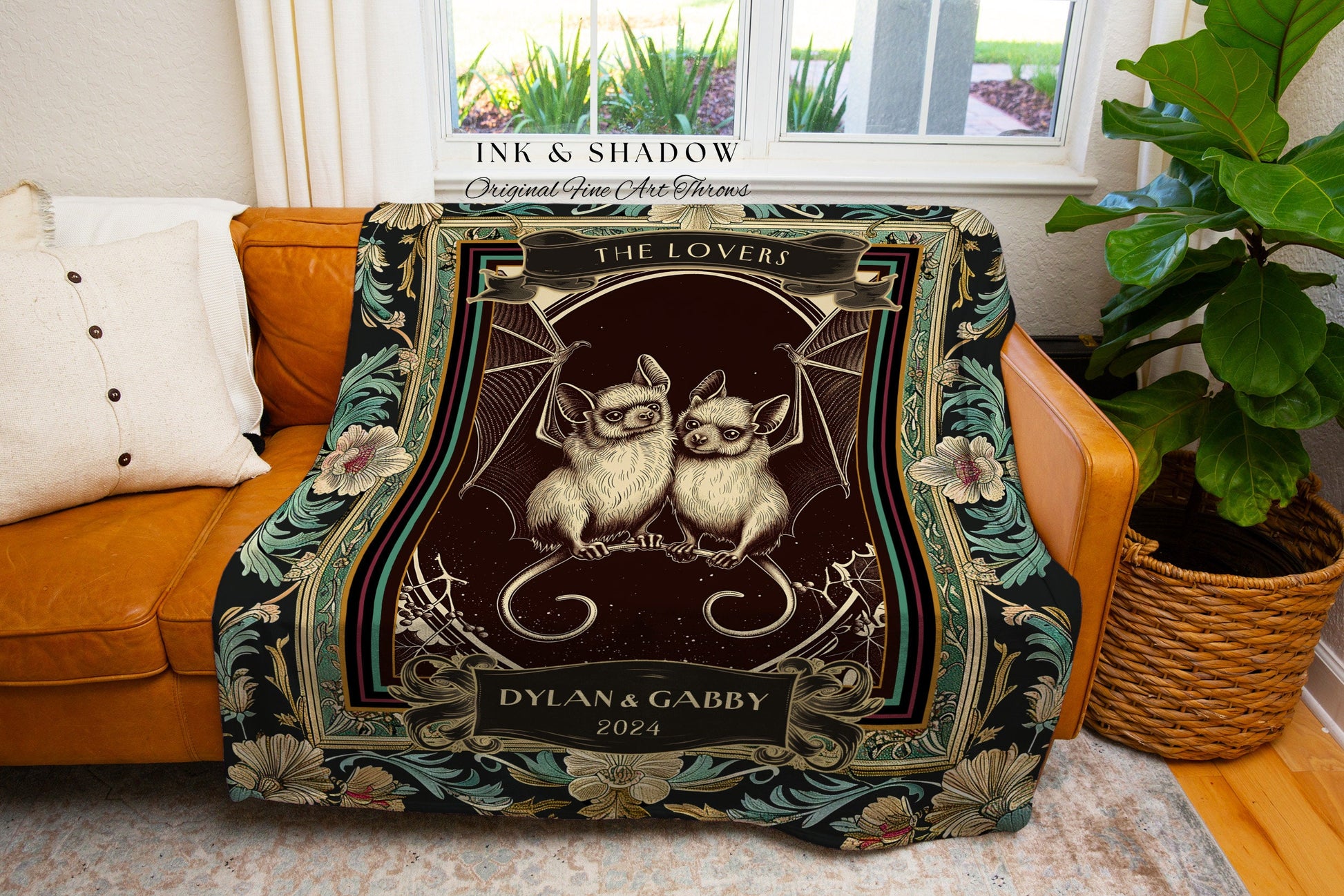 Gothic Teal Victorian Bat Couple Blanket | Dark Academia Bat Lovers Tapestry Personalized Cute Wedding Blanket Gift for Partner Thoughtful |