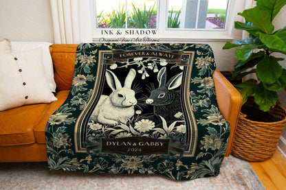 Bunny Couple Personalized Woven Throw Cute Anniversary Gift Gothic Rabbit Blanket Romantic Couples Tapestry Custom Mr & Mrs Sentimental