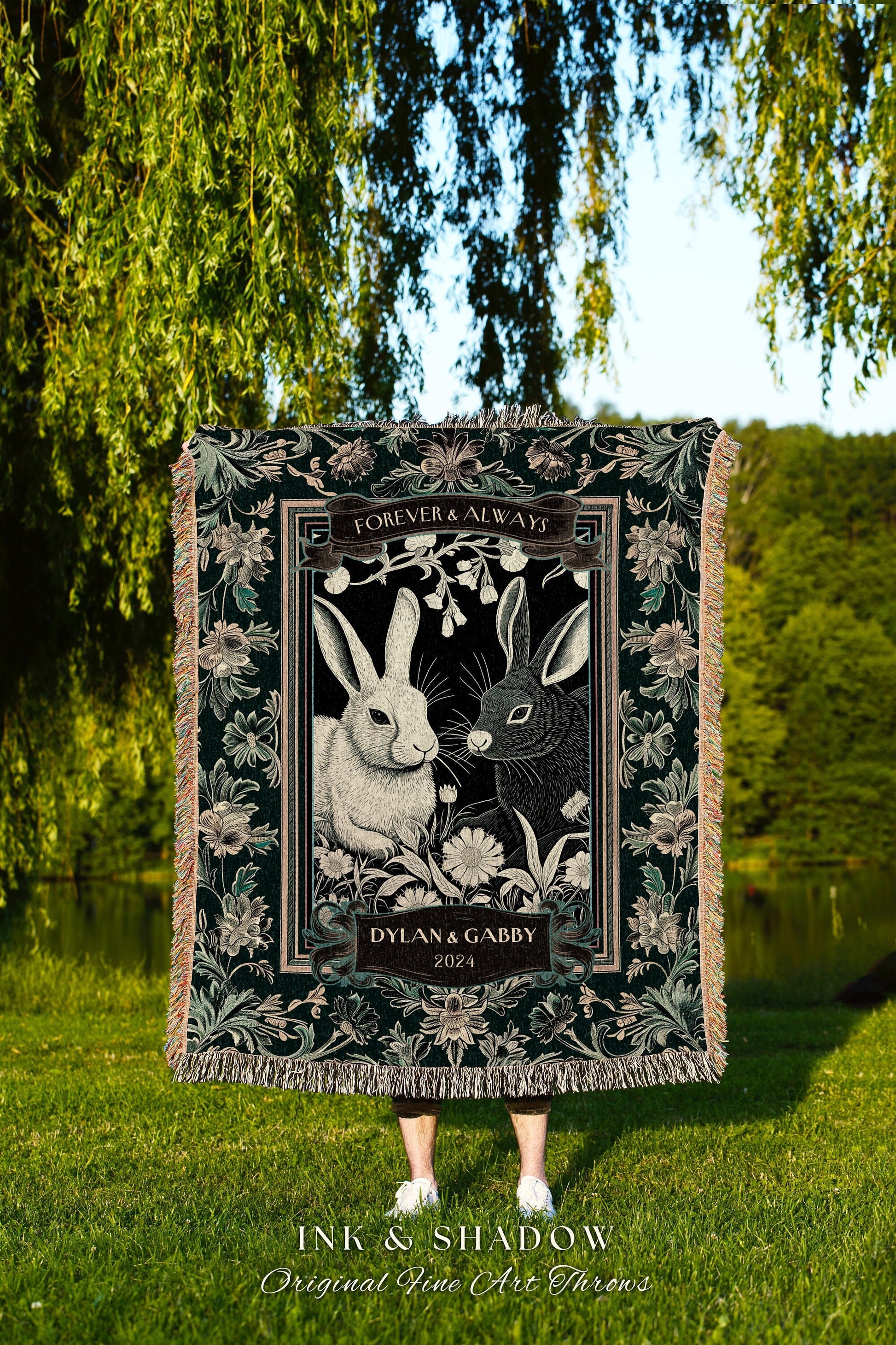 Bunny Couple Personalized Woven Throw Cute Anniversary Gift Gothic Rabbit Blanket Romantic Couples Tapestry Custom Mr & Mrs Sentimental