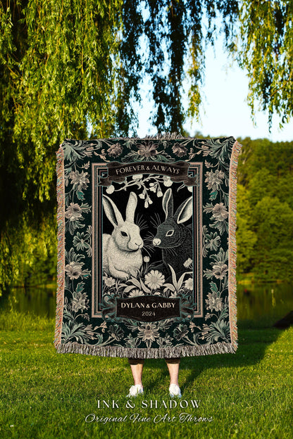 Bunny Couple Personalized Woven Throw Cute Anniversary Gift Gothic Rabbit Blanket Romantic Couples Tapestry Custom Mr & Mrs Sentimental