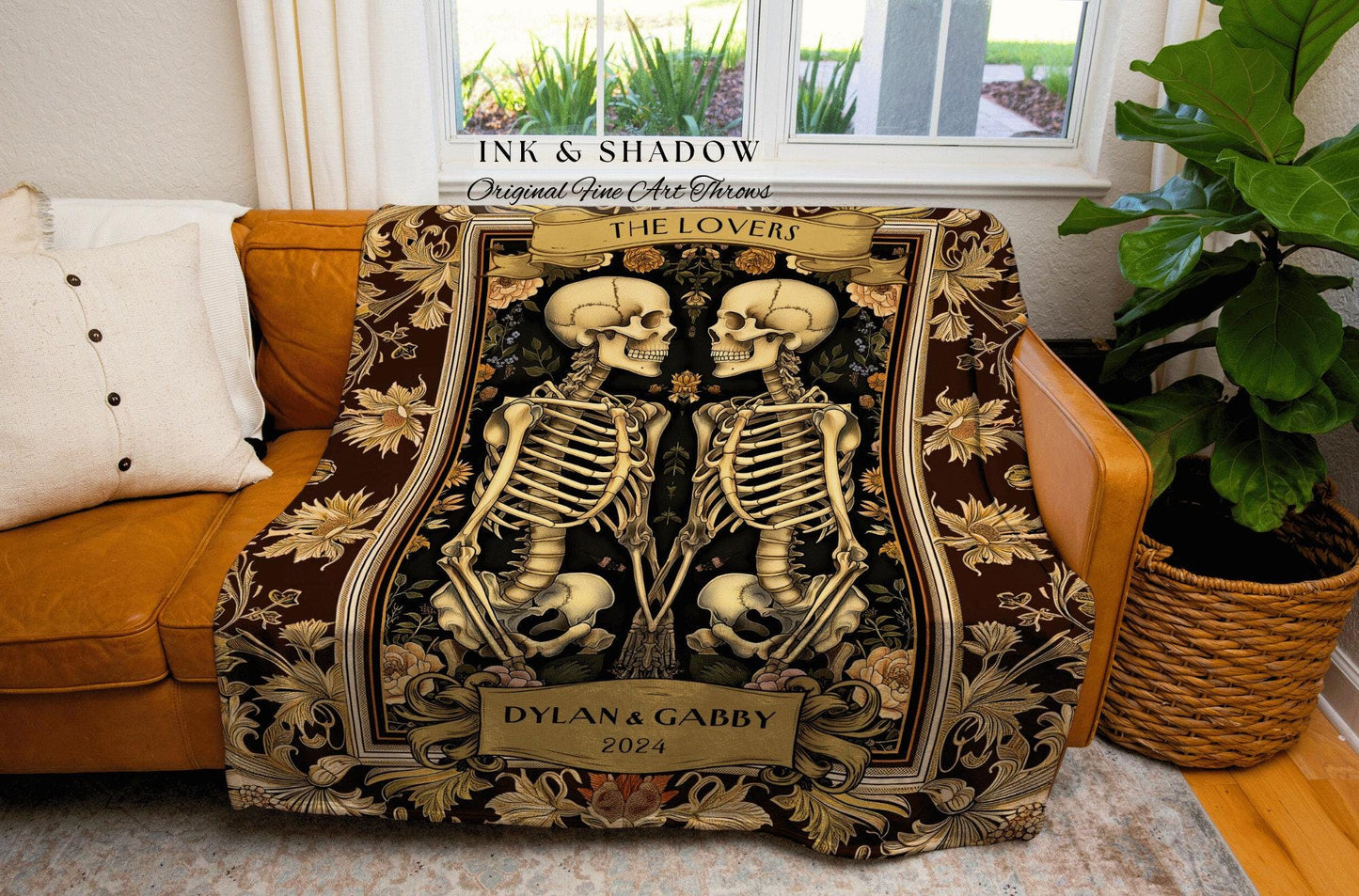 Skeleton Lovers Custom Names Blanket | Personalized Woven Tapestry Dark Floral Victorian Gothic Anniversary Gift Woven Throw Sentimental |