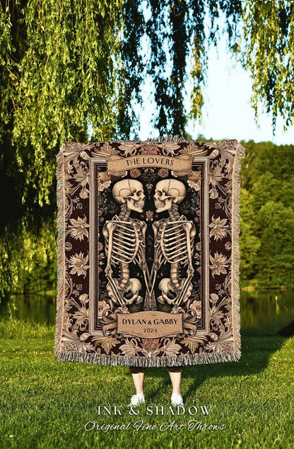 Skeleton Lovers Custom Names Blanket | Personalized Woven Tapestry Dark Floral Victorian Gothic Anniversary Gift Woven Throw Sentimental |