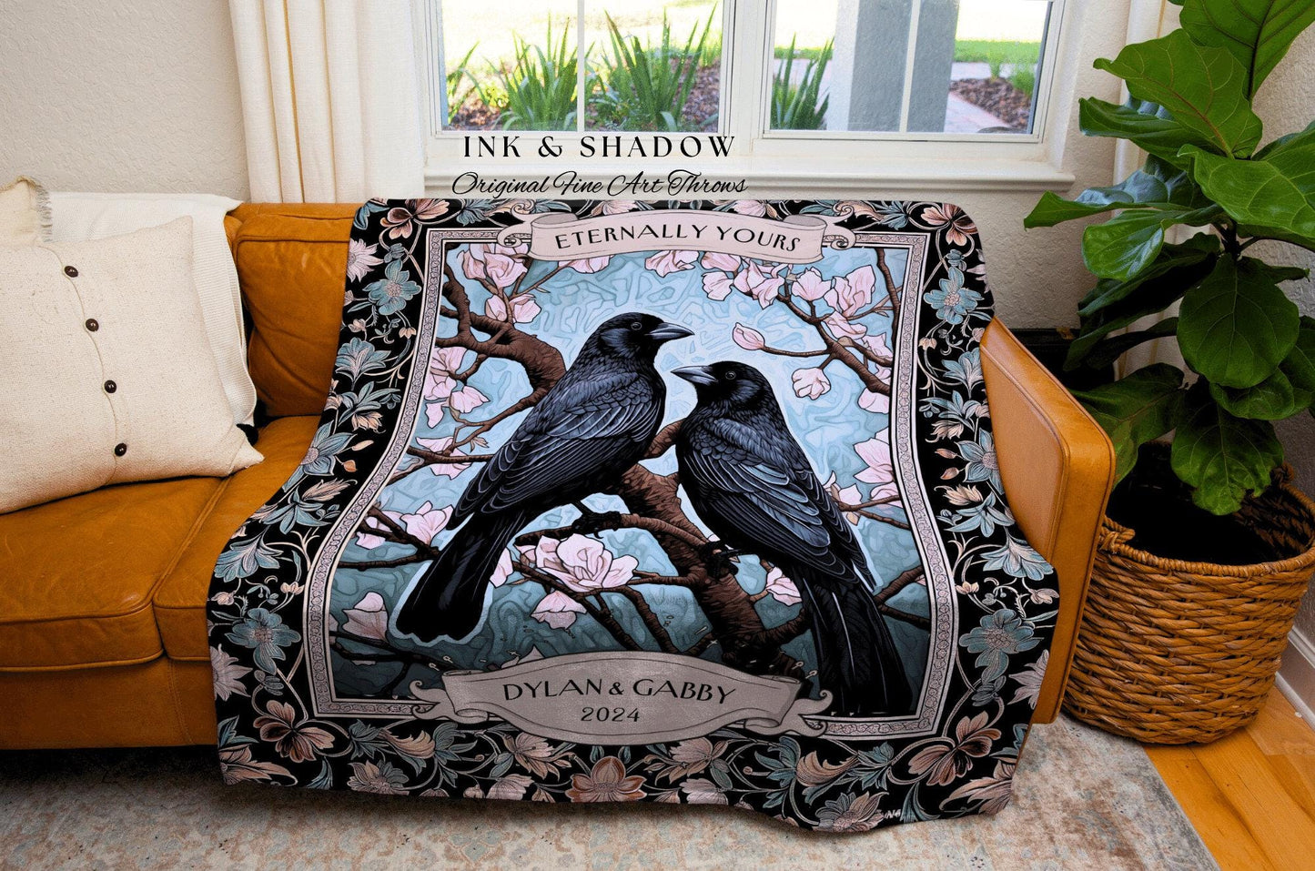 Dark Elegance Crow Couple Picnic Blanket Custom | Wedding Keepsake Dark Cottagecore Aesthetic Woven Throw Personalized Gift Sentimental |