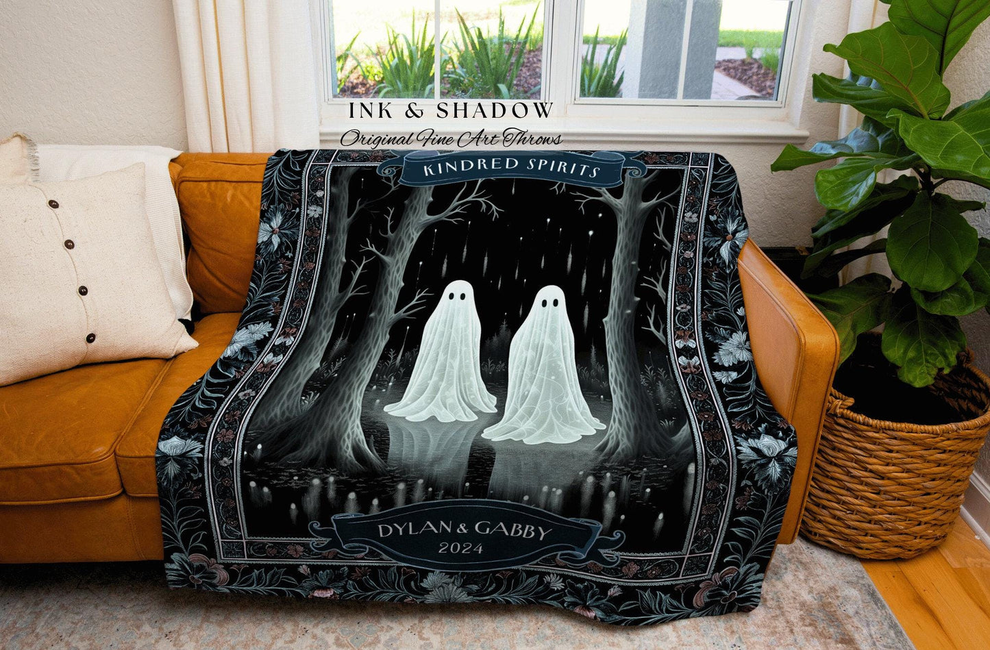 Moody Ghosts Couple Personalized Blanket | Kindred Spirits Personalized Gothic Wedding Tapestry Woven Throw Custom Ghost Lover Gift for Her