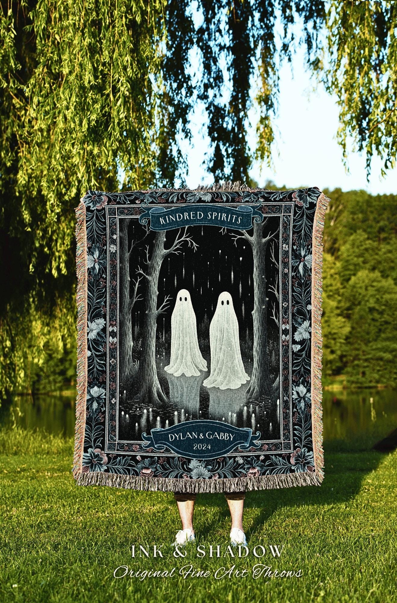 Moody Ghosts Couple Personalized Blanket | Kindred Spirits Personalized Gothic Wedding Tapestry Woven Throw Custom Ghost Lover Gift for Her