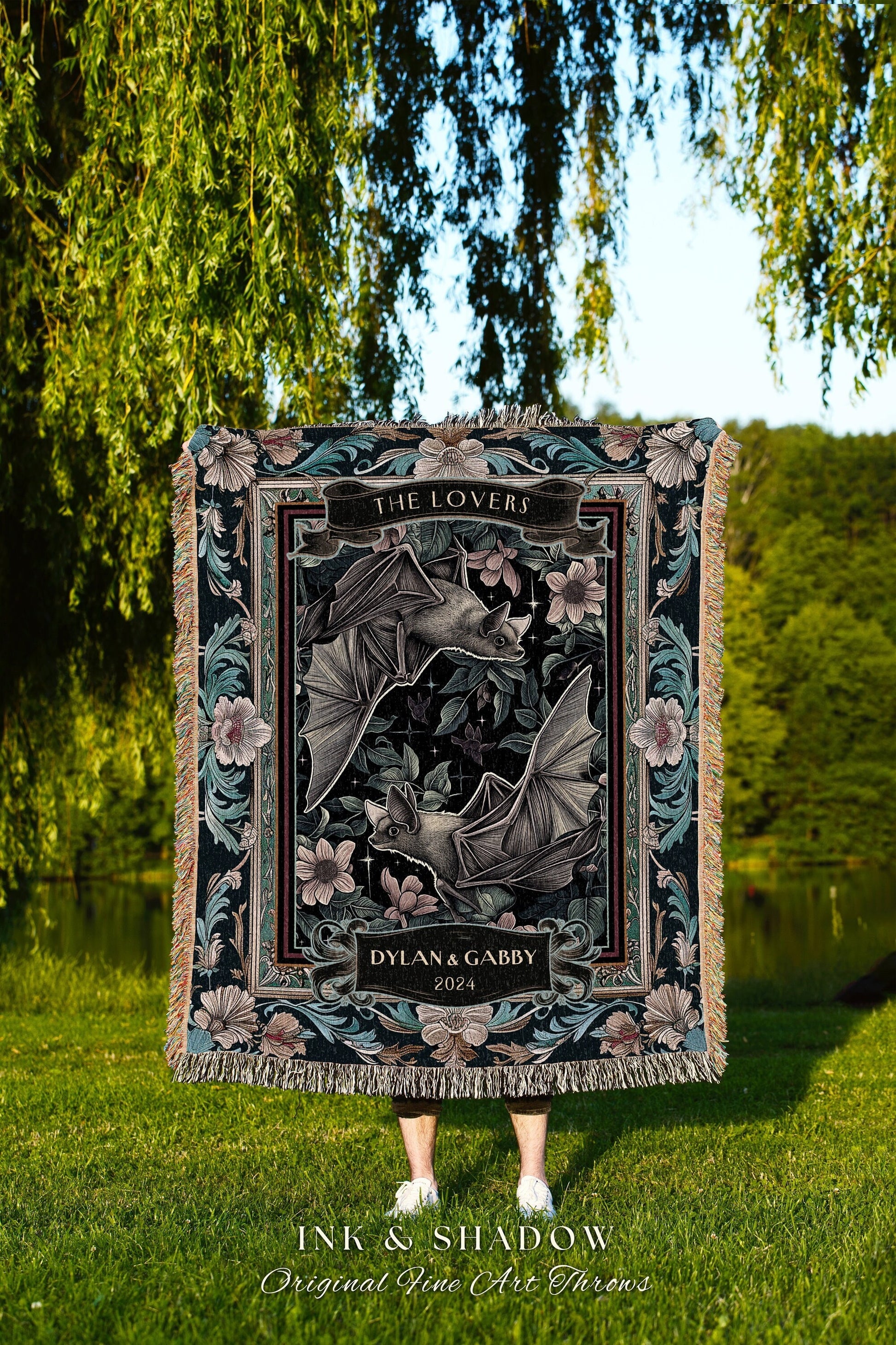 Dark Whimsical Bat Lovers Tapestry | Cottagecore Bat Couple Woodland Gothic Wedding Gift Til Death Do Us Part Blanket Gift for Girlfriend |