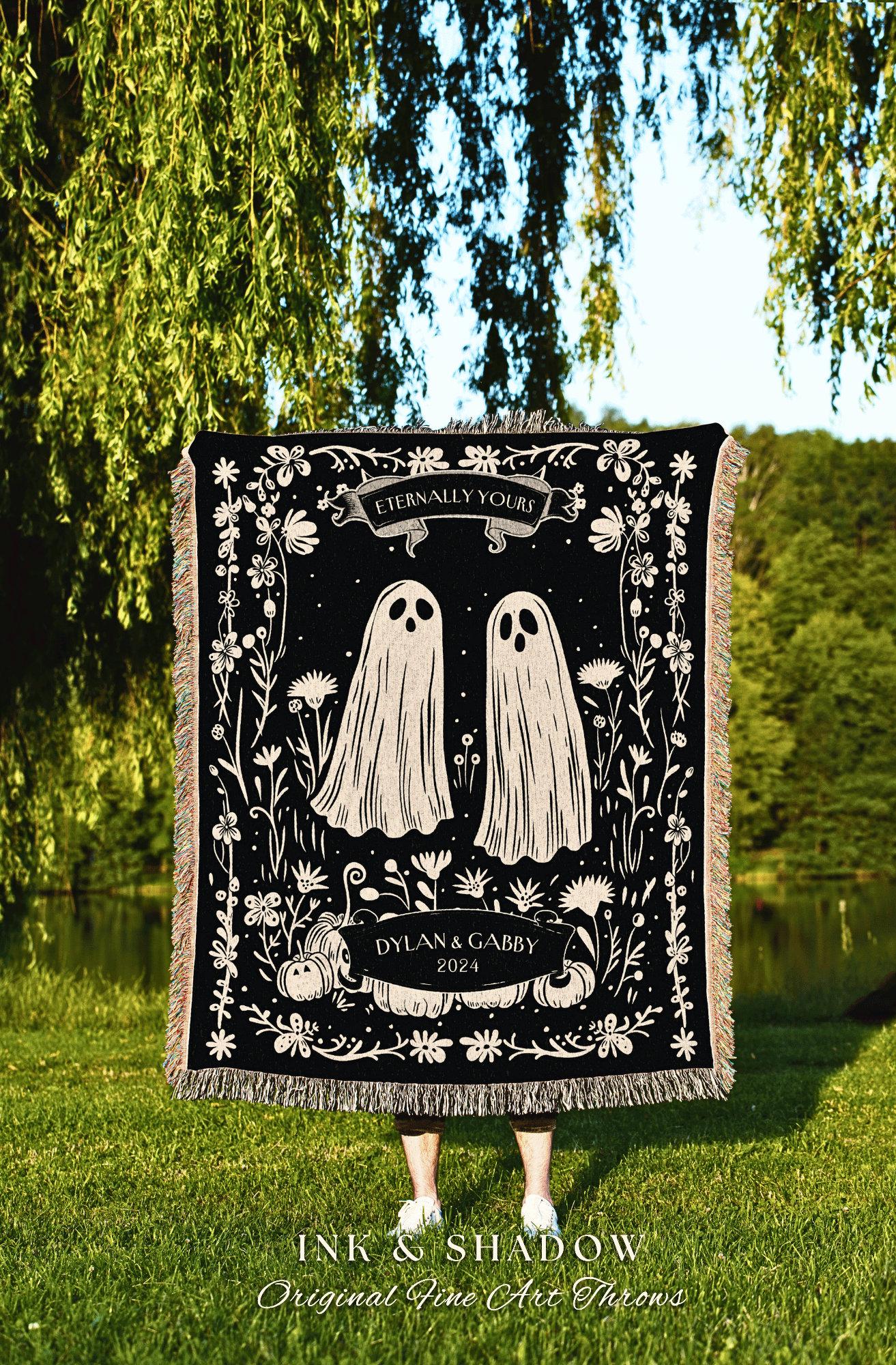 Cute Celestial Ghost Blanket Personalized | Dark Academia Custom Ghost Couple Tapestry Woven Throw His & Her Gift for Girlfriend Meaningful