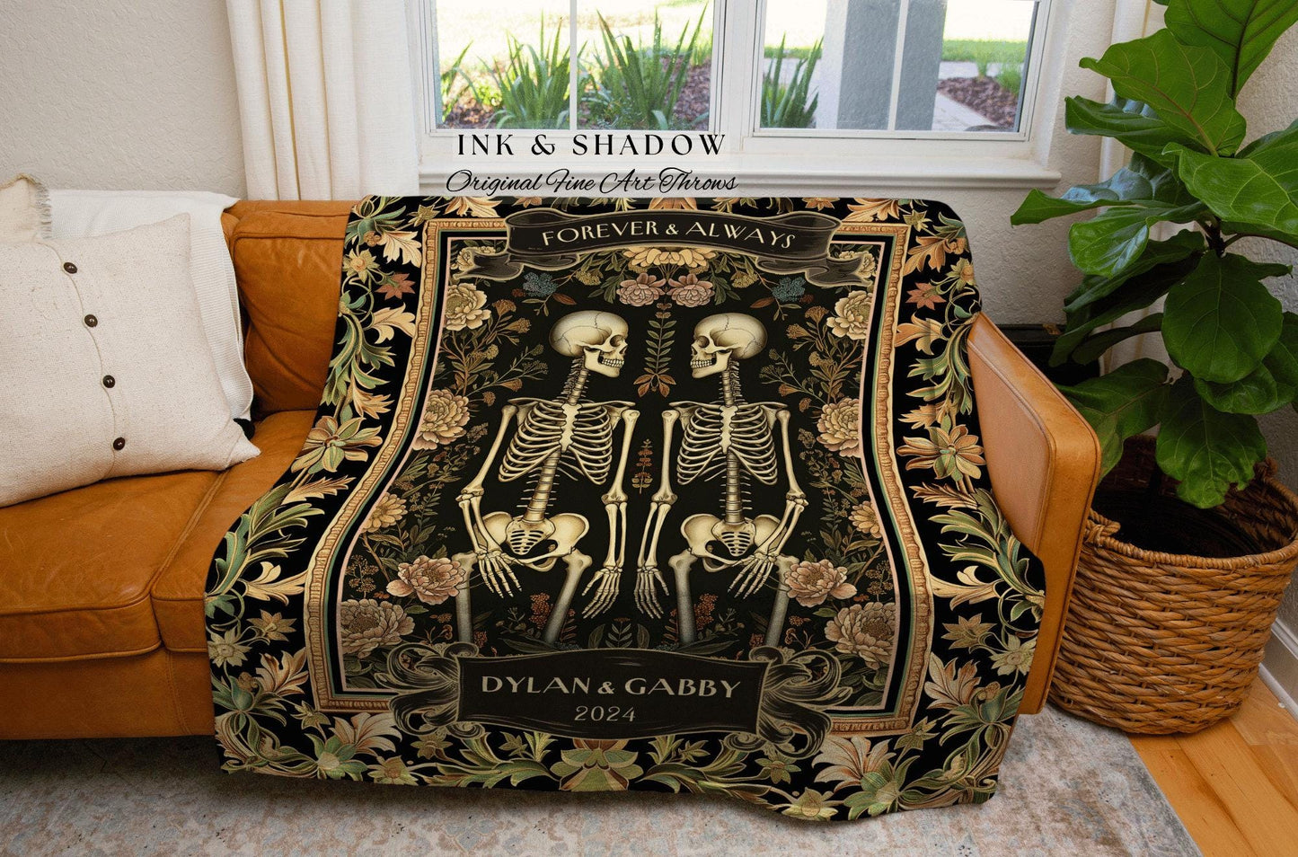 Forever & Always Skeleton Throw Blanket | Botanical Skeleton Couple Woven Tapestry Wedding Anniversary Gift Personalized Blanket Custom Name