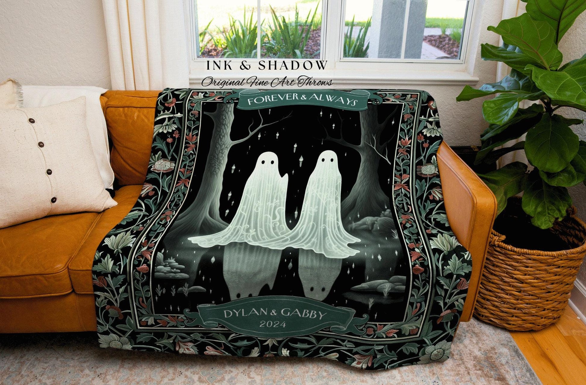 Custom Ghost Friends Blanket Custom Names | Dark Academia Custom Ghost Couple Tapestry Woven Throw His & Her Gift for Girlfriend Thoughtful