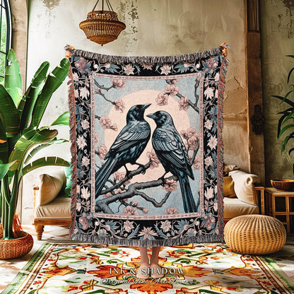 Moonlit Raven Tapestry Throw Light Gothic Woodland Ethereal Forest Floral Cottagecore, Enchanted Nature Full Moon Whimsigothic Crowcore Art