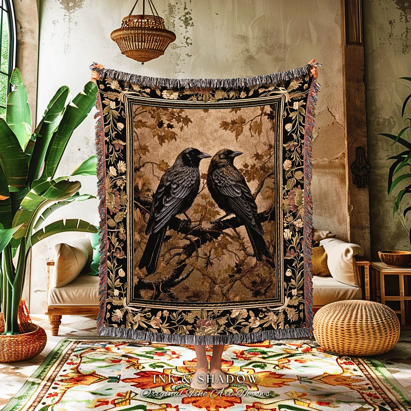 Baroque Aesthetic Home Decor Raven Blanket Golden Goth Tapestry Blanket Woven Black Crow Dark Cottagecore Blanket Whimsigoth Witchy Decor