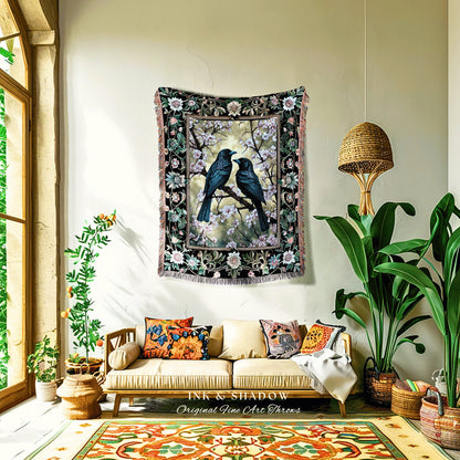 Whimsigoth Floral Raven Woven Throw Crowcore Whimsical Tapestry Fairycore Light Gothic Home Decor Vintage Aesthetic Cottagecore Gift