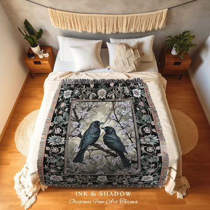 Whimsigoth Floral Raven Woven Throw Crowcore Whimsical Tapestry Fairycore Light Gothic Home Decor Vintage Aesthetic Cottagecore Gift