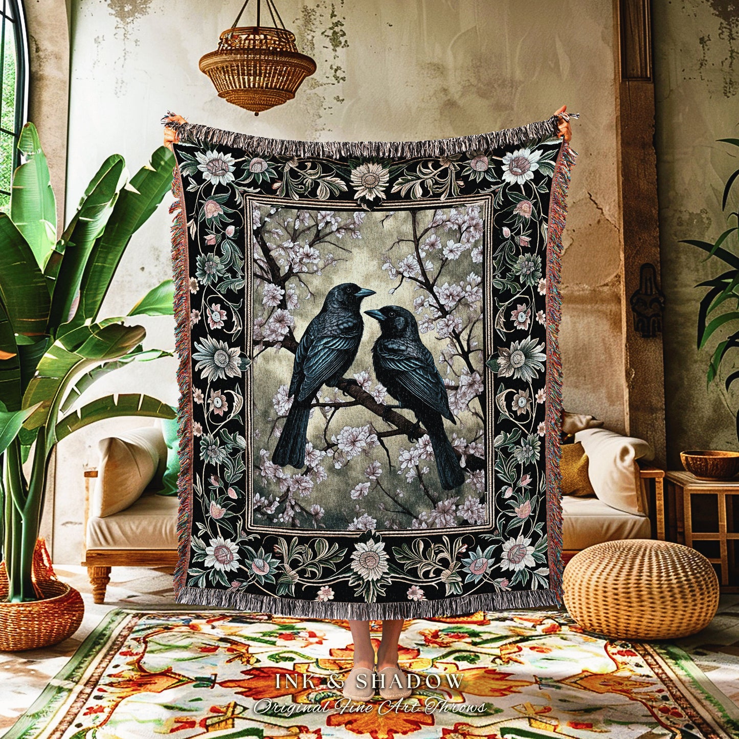 Whimsigoth Floral Raven Woven Throw Crowcore Whimsical Tapestry Fairycore Light Gothic Home Decor Vintage Aesthetic Cottagecore Gift