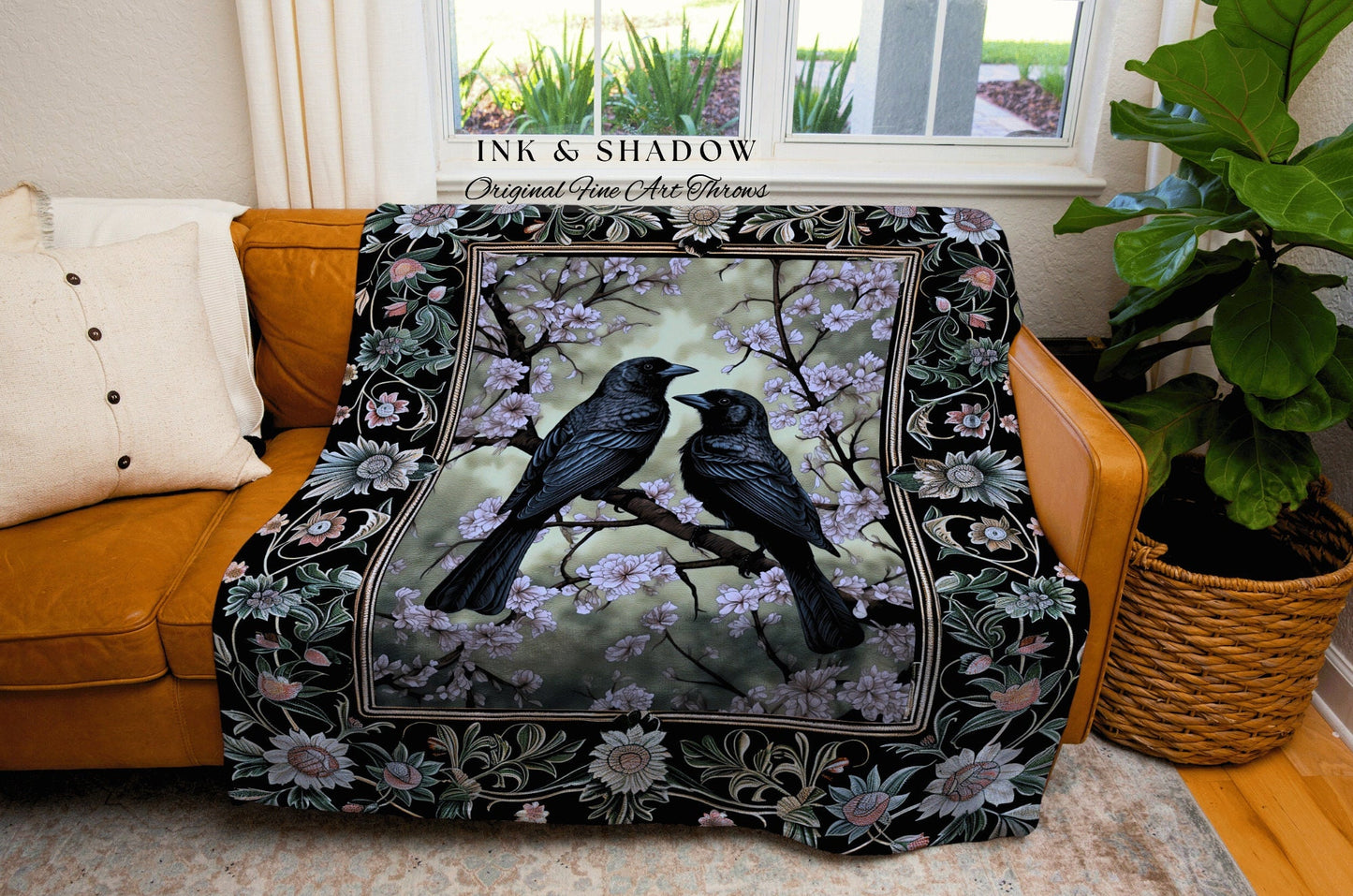 Whimsigoth Floral Raven Woven Throw Crowcore Whimsical Tapestry Fairycore Light Gothic Home Decor Vintage Aesthetic Cottagecore Gift