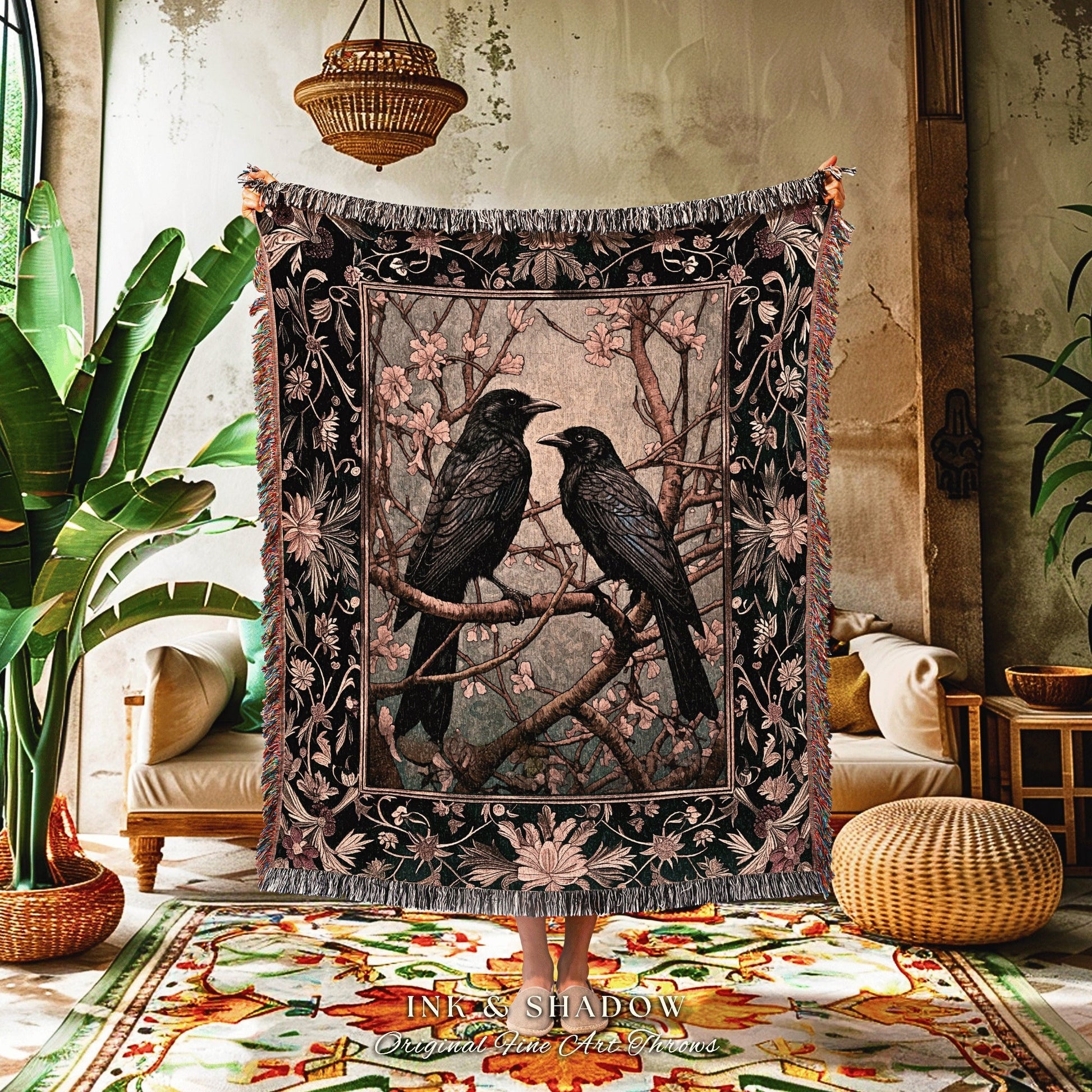 Boho Fairycore Decor Raven Aesthetic Cottagecore Room Decor Crow Gothic Blanket Tapestry Woven Black Raven Art Decor Whimsigoth Room Decor