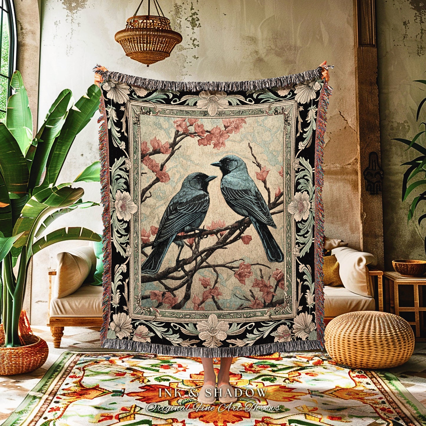 Light Gothic Tapestry Raven Throw Home Decor Bird Lover Woven Art Blanket Fall Crowcore Soft Cottagecore Decor Victorian Goth Aesthetic