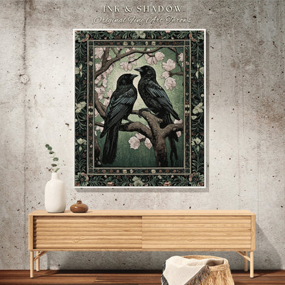 Gothic Black Raven Blanket Crow Woodland Fairycore Aesthetic Bird Art Tapestry Woven Throw Dark Cottagecore Floral Crowcore Whimsigoth Gift