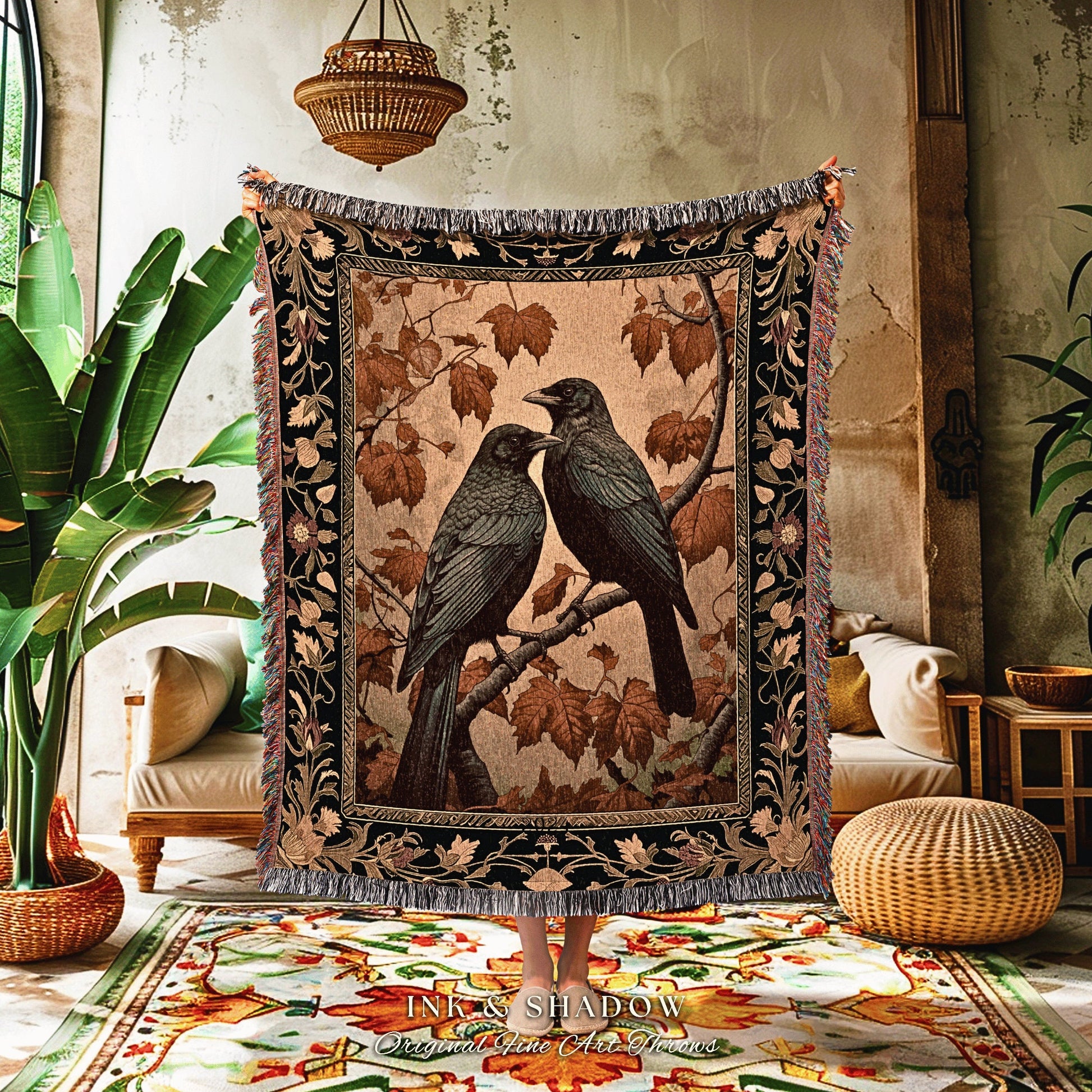 Fall Aesthetic Room Decor Dark Academia Tapestry Whimsigoth Gift Dark Cottagecore Tapestry Raven Home Decor Floral Macabre Home Decor Witchy