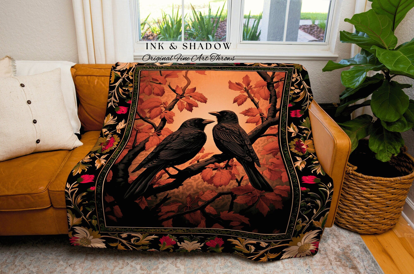 Fall Aesthetic Black Crow Raven Decor Dark Nature Theme Tapestry Edgar Allen Poe Decor Crowcore Tapestry Witchy Gothic Woven Throw Blanket