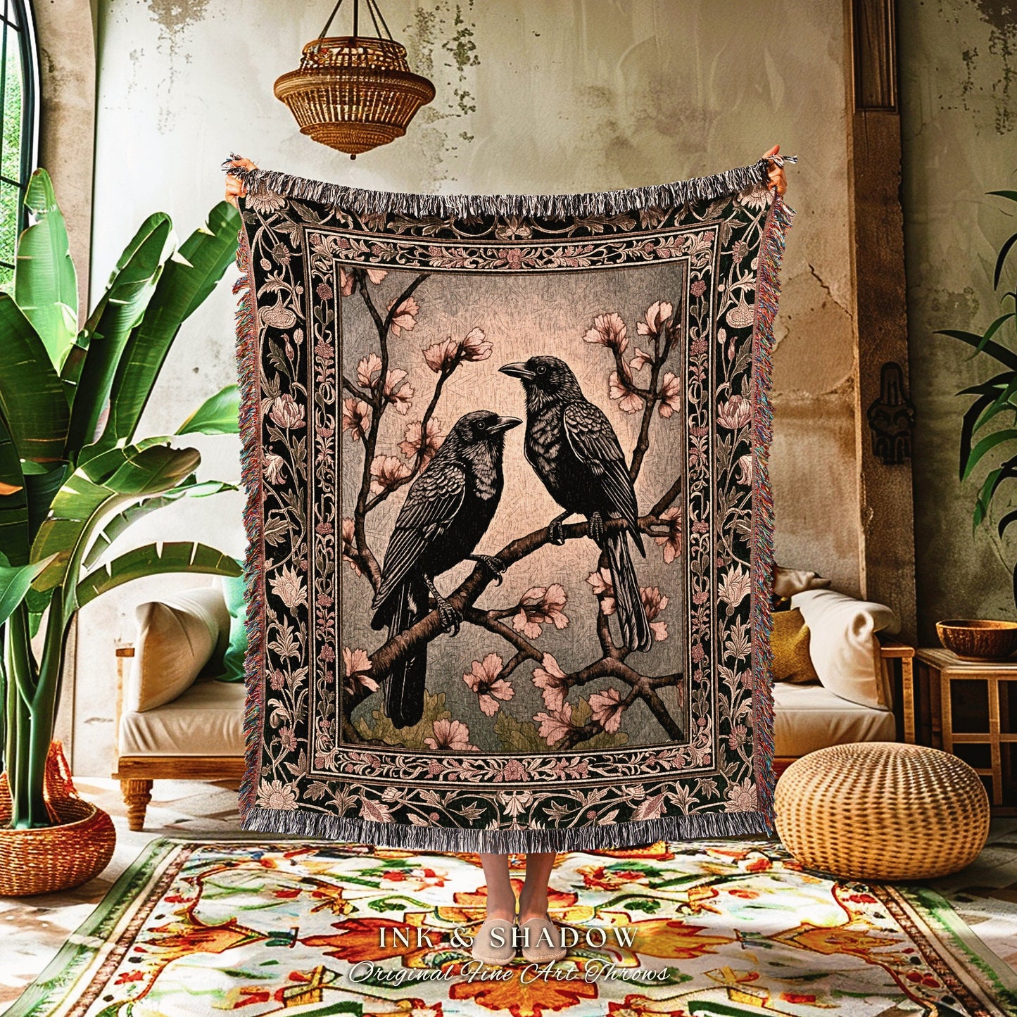 Whimsical Light Academia Raven Throw Cottagecore Crowcore Grunge Fairycore Woodland Gothic Woven Tapestry Floral Vintage Crow Aesthetic