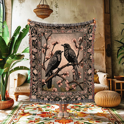 Whimsical Light Academia Raven Throw Cottagecore Crowcore Grunge Fairycore Woodland Gothic Woven Tapestry Floral Vintage Crow Aesthetic