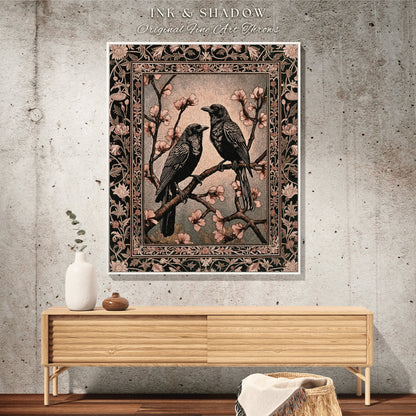 Whimsical Light Academia Raven Throw Cottagecore Crowcore Grunge Fairycore Woodland Gothic Woven Tapestry Floral Vintage Crow Aesthetic