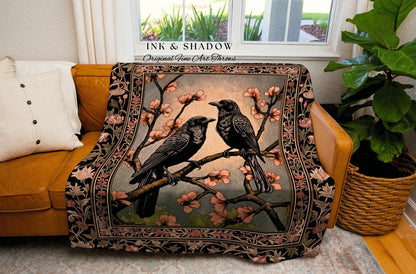 Whimsical Light Academia Raven Throw Cottagecore Crowcore Grunge Fairycore Woodland Gothic Woven Tapestry Floral Vintage Crow Aesthetic