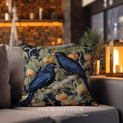 Blue Jungle Birds Forestcore Pillow Gothic Botanical Accent William Morris Art Style, Raven Decor Crowcore Tapestry Cushion Rustic Woodland